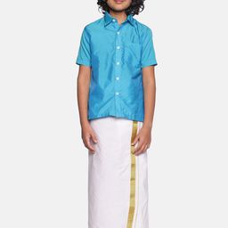 Sethukrishna Boys Turquoise Blue & White Solid Cotton Shirt & Dhoti Set-picture-23