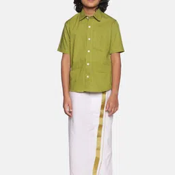Sethukrishna Boys Green & White Solid Pure Cotton Shirt with Readymade Dhoti-picture-39