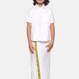 Sethukrishna Boys White & Green Cotton Shirt With Readymade Dhoti-image-23