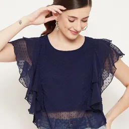 Bitterlime Navy Blue Ruffles Georgette Top-image-84