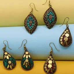 Yellow Chimes Set Of 3 Gold-Plated Green Oxidised Classic Drop Earrings-picture-36