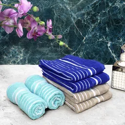 Athom Living Blue & Beige 6 Pieces Striped Cotton 150 GSM Soft Hand Towels-image-82