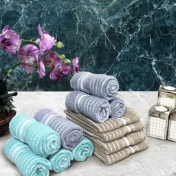 Athom Living Blue & Beige 12 Pieces Striped Cotton 150 GSM Soft Hand Towels-image-86