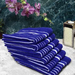 Athom Living Blue & White 6 pieces Striped Cotton 150 GSM Soft Hand Towels-image-65
