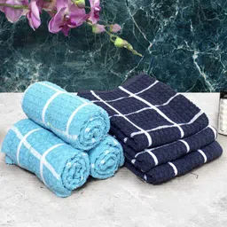 Athom Living Light Blue & Navy Blue 6 Pieces Checked Cotton 150 GSM Soft Hand Towels-image-42