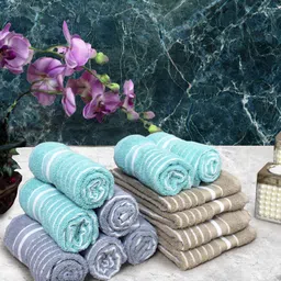 Athom Living Sea Green & Beige 12 Pieces Striped Cotton 150 GSM Soft Hand Towels-picture-41