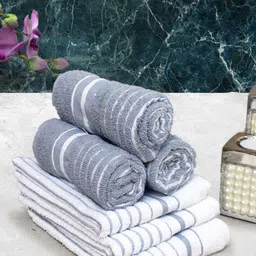 Athom Living Grey & white 6 Pieces Striped Cotton 150 GSM Soft Hand Towels-image-15