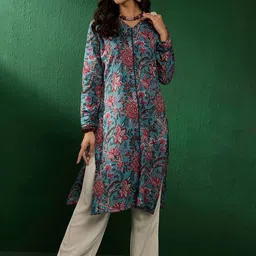 Sangria Navy Blue Floral Printed V-Neck Gotta Patti Straight Kurta-picture-15