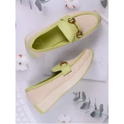Jove Women Green and Beige Colourblocked Loafers-picture-14