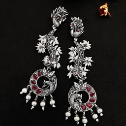Sangria German Silver-Plated Stone-Studded & Beaded Drop Earrings-image-58