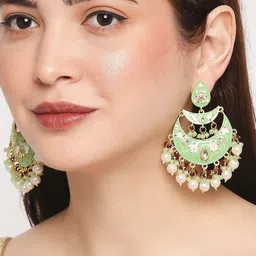 OOMPH Green & Gold-Toned Meenakari Enamelled Chandbalis Earrings image 1