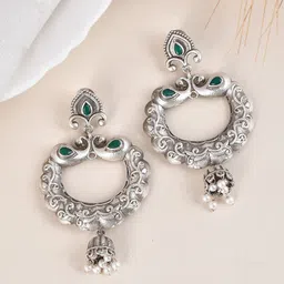 DASTOOR Gold-Plated Stone-Studded and Beaded Brass Oxidised Drop Earrings-picture-10