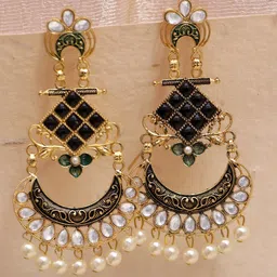 Crunchy Fashion Gold-Plated Black & White Crescent Shaped Chandbalis image 1