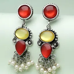 Moedbuille Silver-Plated Crystals Studded & Pearls Beaded Contemporary Drop Earrings-picture-20