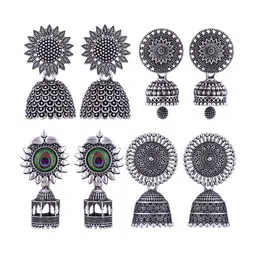 MEENAZ Set Of 4 Silver-Plated Oxidised Peacock Shaped Jhumkas-picture-30