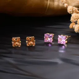 Silvermerc Designs Set Of 2 Rose Gold-Plated Cubic Zirconia-Studded Square Studs Earrings-picture-35