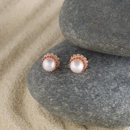 AMI Rose Gold Plated Pearl Beaded Contemporary Stud Earrings-picture-15