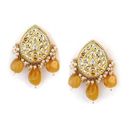 DUGRISTYLE Gold-Plated Yellow Sterling Silver Kundan Studded Contemporary Drop Earrings image 1