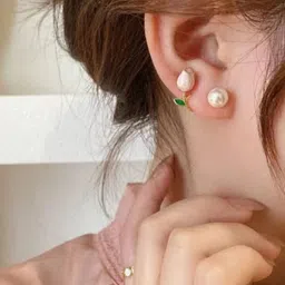 Celestique Gold-Plated Flower Pearl Beads & CZ Crystal & Diamond Korean Studs-picture-55