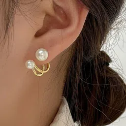 PolluxCraft Korean Gold-Plated Pearls Studded Contemporary Shaped Studs-image-55