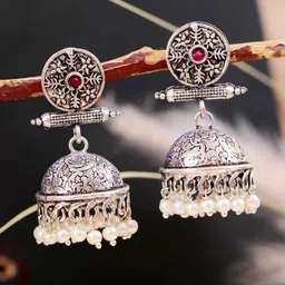 Crunchy Fashion Women Silver-Plated Dome Shaped Jhumkas Earrings image 1
