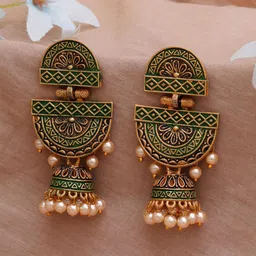KARATCART Green & Gold-Plated Classic Jhumkas Earrings-picture-10