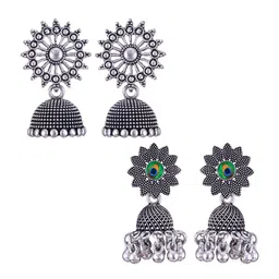 MEENAZ Set Of 2 Silver-Plated Oxidised Jhumkas-picture-29