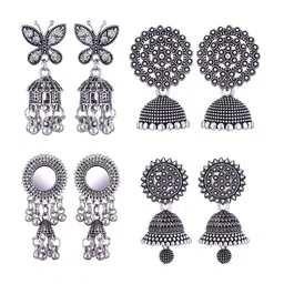 MEENAZ Set of 4 Silver Plated Oxidised Jhumkas-picture-25
