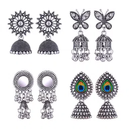 MEENAZ Set Of 4 Silver-Plated Stainless Steel Oxidised Contemporary Jhumkas-picture-26
