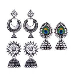 MEENAZ Set Of 3 Silver-Plated Stainless Steel Peacock Shaped Jhumkas-picture-40