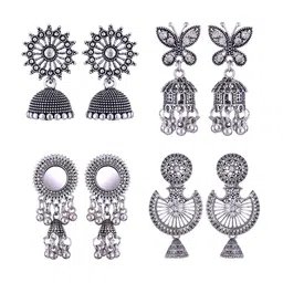 MEENAZ Set Of 4 Stainless Steel Silver Plated Artificial Stones and Beads Studded Earrings-picture-16
