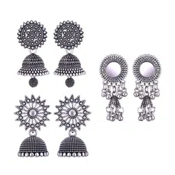 MEENAZ Set Of 3 Silver-Plated Stainless Steel Peacock Shaped Jhumkas-picture-31