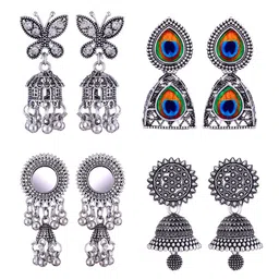 MEENAZ Set Of 4 Silver-Plated Peacock Shaped Jhumkas-picture-31