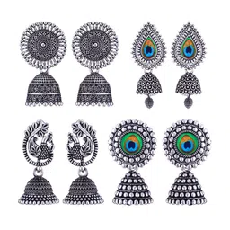 MEENAZ Set Of 4 Silver-Plated Stainless Steel Oxidised Contemporary Jhumkas-picture-29