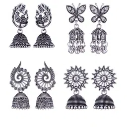 MEENAZ Set of 4 Silver Plated Oxidised Jhumkas-picture-23