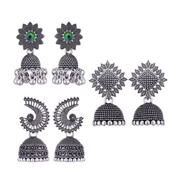 MEENAZ Set Of 3 Silver-Plated Dome Shaped Oxidised Jhumkas-image-16