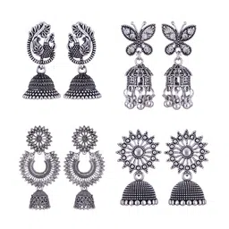 MEENAZ Set Of 4 Silver-Plated Oxidised Jhumkas-image-37
