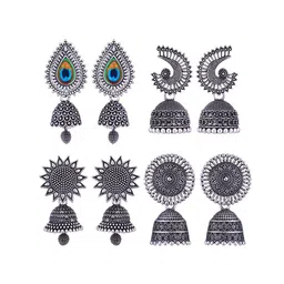 MEENAZ Set Of 4 Silver-Plated Stainless Steel Studded & Beaded Peacock Shaped Jhumkas-picture-34