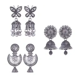 MEENAZ Set Of 3 Silver-Plated Dome Shaped Stainless Steel Jhumkas-picture-22
