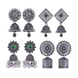 MEENAZ Set Of 4 Stainless Steel Silver Plated Oxidised Dome Shaped Jhumkas-picture-34