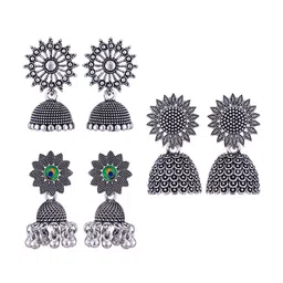 MEENAZ Set Of 3 Silver-Plated Stainless Steel Peacock Shaped Jhumkas-picture-35