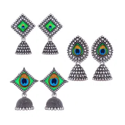 MEENAZ Set Of 3 Stainless Steel Silver-Plated Peacock Shaped Jhumkas Earrings-picture-15