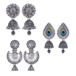 MEENAZ Set Of 3 Silver-Plated Dome Shaped Stainless Steel Jhumkas-picture-16