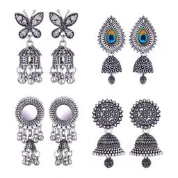 MEENAZ Set Of 4 Silver-Plated Stainless Steel Studded & Beaded Peacock Shaped Jhumkas-picture-32