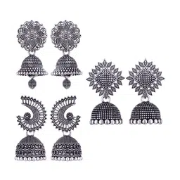 MEENAZ Set Of 3 Silver-Plated Stainless Steel Peacock Shaped Jhumkas-picture-23