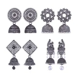 MEENAZ Set Of 4 Peacock Shaped Silver-Plated Jhumkas-picture-21
