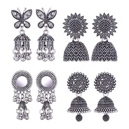MEENAZ Set Of 4 Stainless Steel Silver-Plated Peacock Shaped Jhumkas Earrings-picture-31