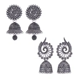 MEENAZ Set Of 2 Silver-Plated Oxidised Peacock Shaped Jhumkas-picture-11
