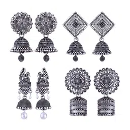 MEENAZ Set Of 4 Silver Plated Beaded Oxidised Dome Shaped Stainless Steel Jhumkas-picture-32