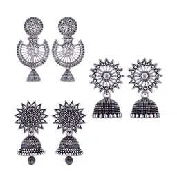 MEENAZ Set Of 3 Silver Plated Stainless Steel Jhumkas-picture-10